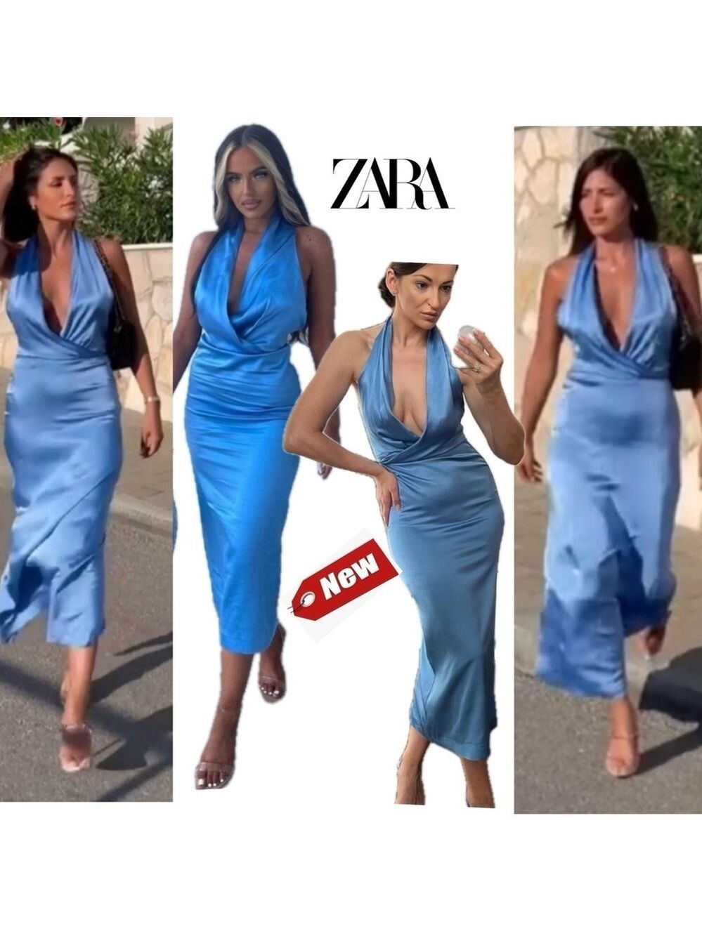Zara blue satin effect halter top ruched open back midi slip dress NWT